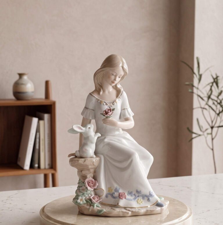 Vintage Elegance: Hand-Painted Porcelain Girl & Rabbit Figurine