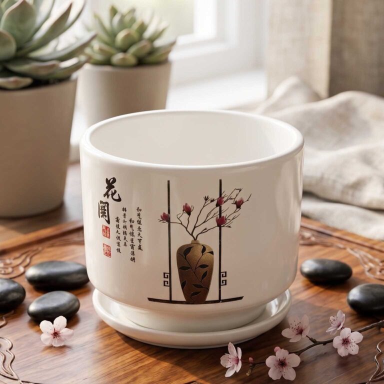 Elegant Zen Ceramic Planter with Traditional Calligraphy – High-Gloss "Artisan Vase"
